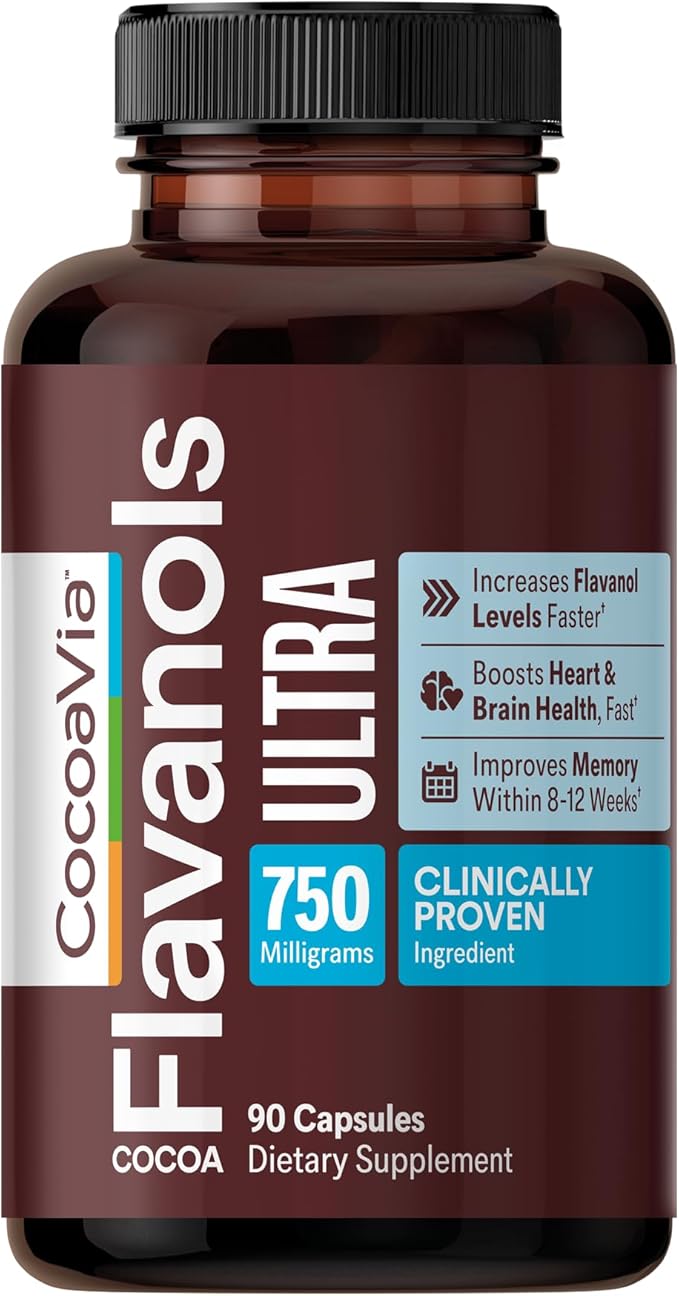 CocoaVia Ultra 750mg Cocoa Flavanols – Heart &amp Brain Support Memory &amp Blood Circulation Booster High Flavanol Cocoa for Nitric Oxide Energy &amp Oxygen Boost Vegan Gluten-Free 30-Day Su