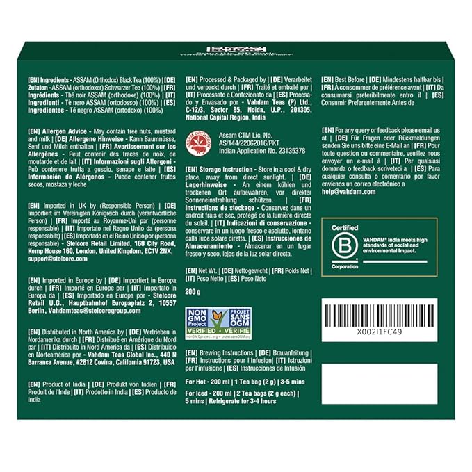 VAHDAM Assam Exotic Black Tea Bags (100 Count) High Caffeine Gluten Free Full Bodied | Pyramid Tea Bags | Strong Robust &amp Flavoury | Direct from Source