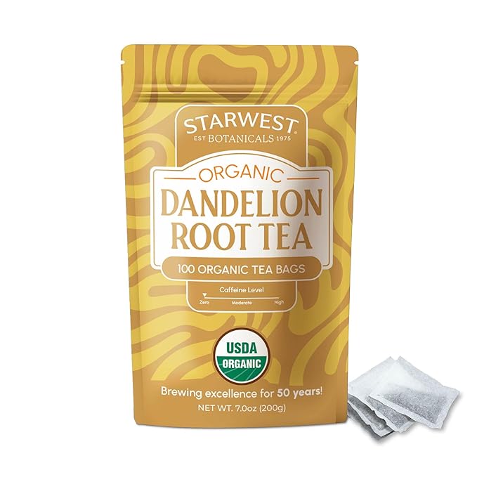 Starwest Botanicals Organic Dandelion Root Tea - Cleansing Herbal Tea Caffeine Free Natural Elimination Support USDA Organic Dandelion Root Roasted Non GMO - Bulk Pack 100 Tea Bags
