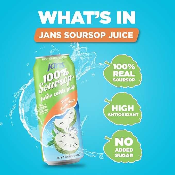 JANS 100% Soursop Juice with Pulp (16.9 oz Pack of 12) NO Sugar Added Pure Guanabana Graviola Fresh from Juice Not From Concentrate