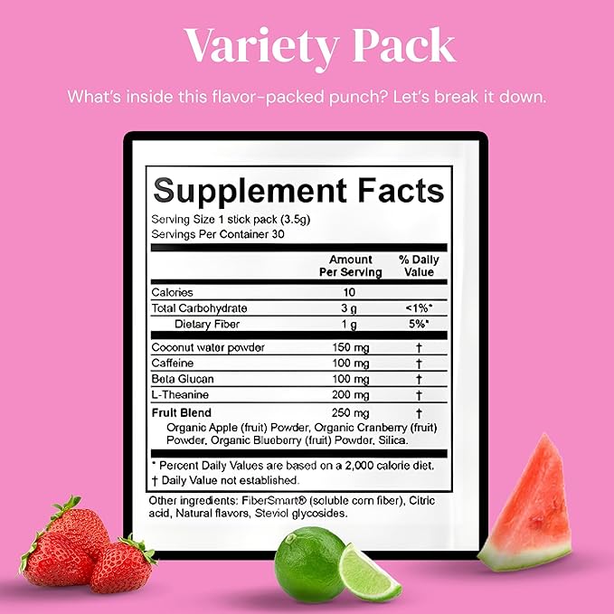 Support Sip with Caffeine and L-Theanine Blend - Healthy Drink Mix Powder Packets for Immune &amp Digestive Health - All Natural Ingredients No Added Sugar or Dyes - Variety Pack (30 Packs)