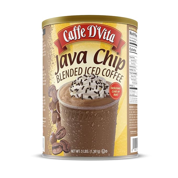 Caffe D'Vita Java Chip Latte Blended Ice Coffee - Java Chip Frappe Mix Blended Iced Coffee Mix Gluten Free Low Fat No Cholesterol No Hydrogenated Oils No Trans Fat Kosher-Dairy - 3 Lb Can