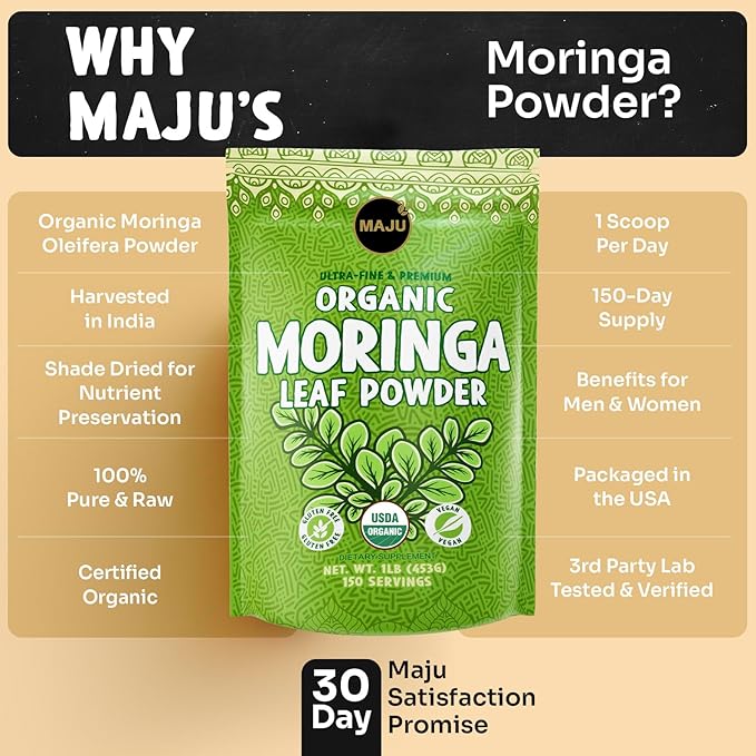 MAJU's Organic Moringa Powder (1 Pound) Oleifera Leaf Extra-Fine Quality Dried Drumstick Tree Leaves For Tea Smoothies Food-Grade