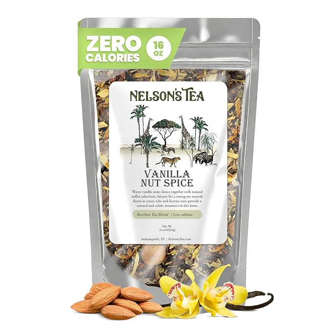 Nelson's Tea Vanilla Nut Spice - Cut &amp Sifted Low Caffeine Rooibos Loose Leaf Tea with Honeybush Yerba Mate Chicory Root Licorice Root Cardamom Seeds Coconut and Marigold Herbal Blend (16 oz