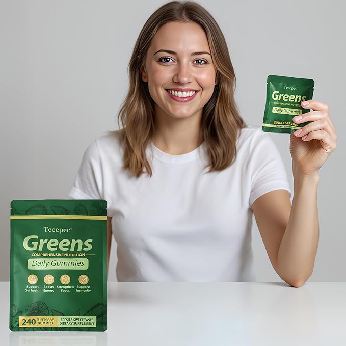 Greens Daily Gummies Superfood Fruits and Veggies Blend with Spirulina Chlorella Prebiotics &amp Fiber Adaptogens Multivitamin Supplement for Women &amp Men Digestive Health Non-GMO 240 Count