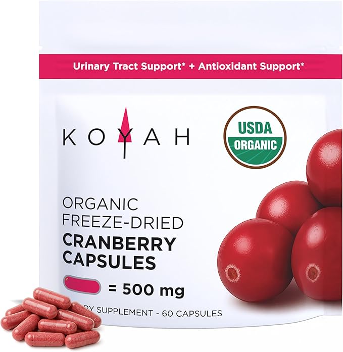 KOYAH - Organic Cranberry Capsules – 500 mg Freeze-Dried Whole-Berry Vegan Non-GMO Supports Urinary Tract &amp Antioxidant Health 60 Capsules