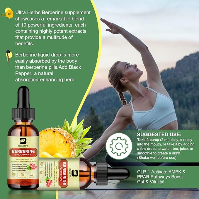 Berberine Supplement with Ceylon Cinnamon - Berberine Liquid Drops with Turmeric Curcumin Ceylon Cinnamon Bitter Melon Berberine Phytosome for Digestion System Immune Health Support -Vegetarian