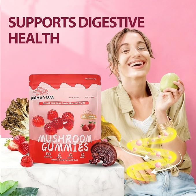 Mushroom Gummies 10-in-1 Adaptogenic Blend Vegan Strawberry 60 Count | with Lion's Mane Reishi Chaga Shiitake &amp More