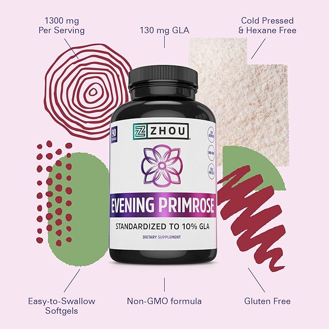 Zhou Nutrition Evening Primrose Oil Capsules- Supports Hormone Balance for Women PMS &amp Menopause Support Cold Pressed &amp Hexane Free - 1400mg 10% Gla
