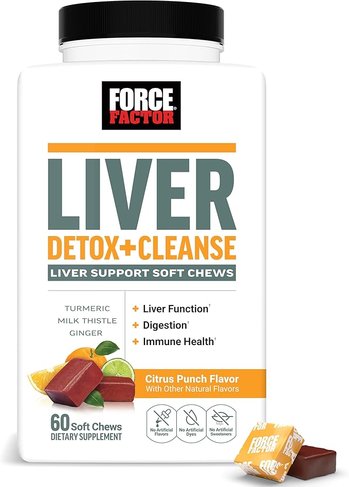 Force Factor Liver Detox + Cleanse Liver Supplement for Detox and Repair Milk Thistle Turmeric &amp Ginger Supports Liver Health Digestion &amp Immune Function Citrus Punch 60 Soft Chews