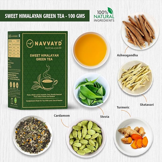 NAVVAYD Sweet Himalayan Green Tea | Loose Leaf | Ashwagandha | Shatavari | Turmeric &amp Cardamom | 3.52 Oz (100g) | Assam Tea | Organic leaves | Herbal | Daily Energy