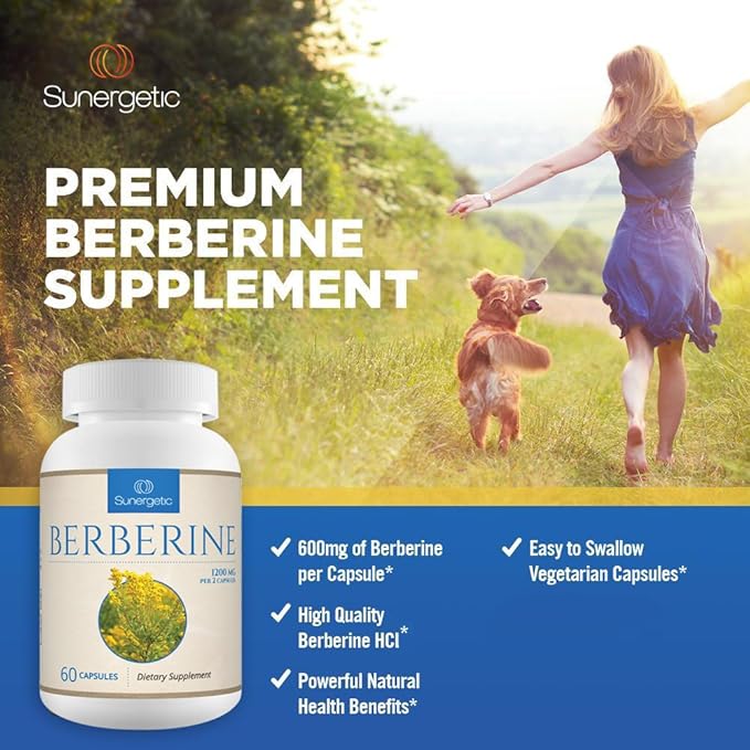 Sunergetic Premium Berberine Supplement - 1200mg Per Serving - Berberine HCL Supplement Non-GMO - Immune Support- 60 Capsules