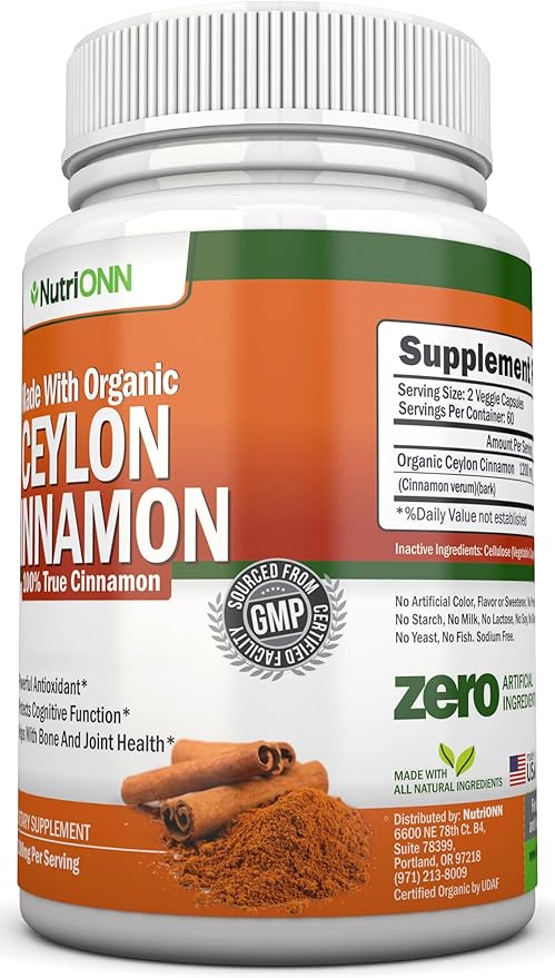 Organic Ceylon Cinnamon 1200 mg | 120 Vegan Capsules | True Cinnamomum verum from Sri Lanka | Non-GMO Third-Party Lab Tested Low Coumarin GMP Certified