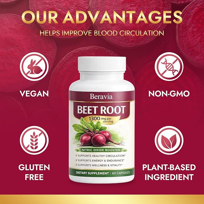 Beetroot Capsules Containing 1300mg of Beetroot Per Serving Help Boost Energy and Improve Blood Circulation Vegan Non-GMO and Gluten-Free - 60 Capsules
