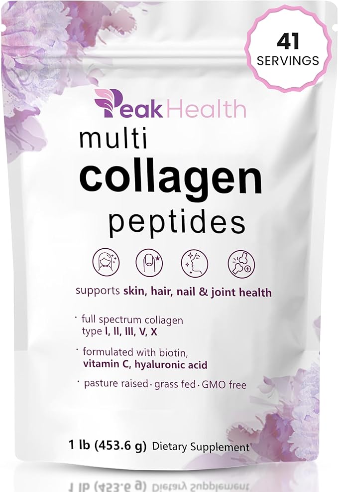 Multi Collagen Peptides Powder 1 Pounds collagen powder- Type IIIIIIVX with Biotin 10000mcg Hyaluronic acid powder Vitamin C - Unflavored Collagen Protein Powder - Keto &amp Paleo Easy Dissol