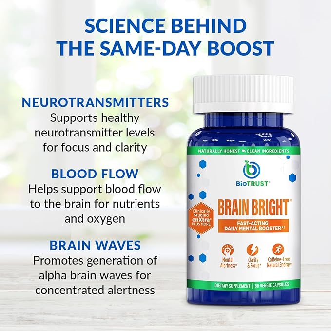 BioTrust Brain Bright – Daily Nootropic Boost for Focus Concentration Mental Clarity – Caffeine Free Nootropics Brain Support Supplement – Thai Ginger Ginkgo Folate L-Theanine – 30 Servings