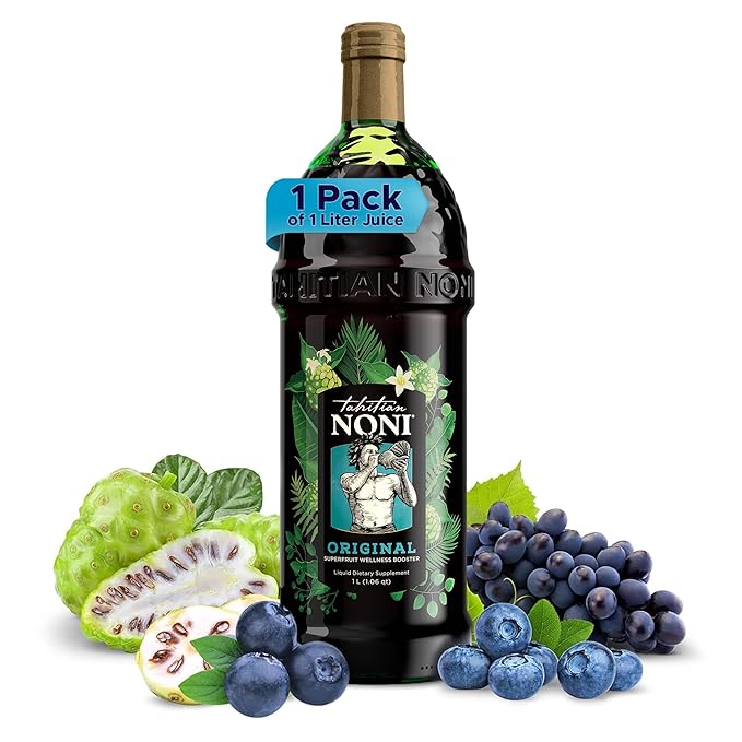 TAHITIAN NONI Juice by Morinda Original and Authentic Noni Fruit Puree from Tahiti with Natural Blueberry &amp Grape (Resveratrol) All-Natural Daily Wellness Drink - Single One Liter Juice Bottle