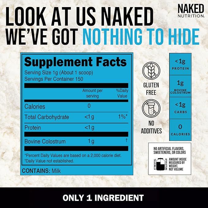 NAKED Colostrum Powder – 100% Grass-Fed Bovine Colostrum Supplement from US Farms | Tested at 20%+ IgG | Gut Health Immunity Recovery &amp Skin Support - 150 Servings