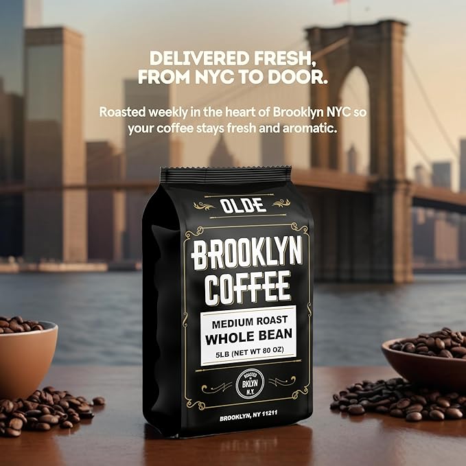 BROOKLYN COFFEE Whole Bean Classic Medium Roast (5lb) Balanced Smooth Mellow - Fresh Bulk Coffee Beans Roasted Weekly in NYC