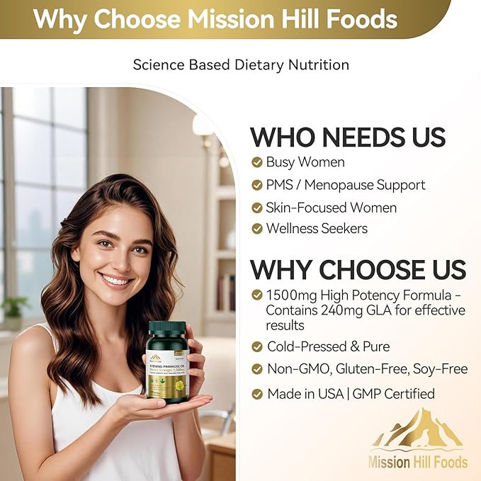 1500mg Evening Primrose Oil Capsules for Women | 240mg High GLA (16%) for Hormonal Balance &amp Skin Health (1 Bottle-120 Softgels-2mo Supply) Menopause Supplements | Non-GMO Gluten-Free Cold Press