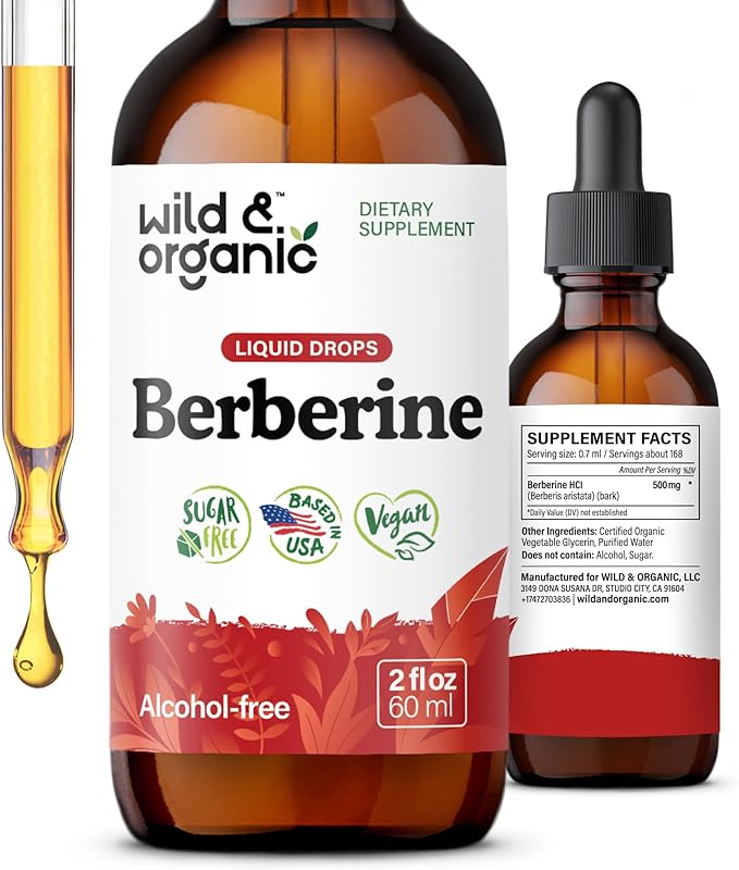 Wild &amp Organic Berberine Liquid Drops - 500mg Berberine Supplement HCL for Overall Support - Natural Extract Tincture - Vegan Alcohol &amp Sugar-Free - 2 fl oz