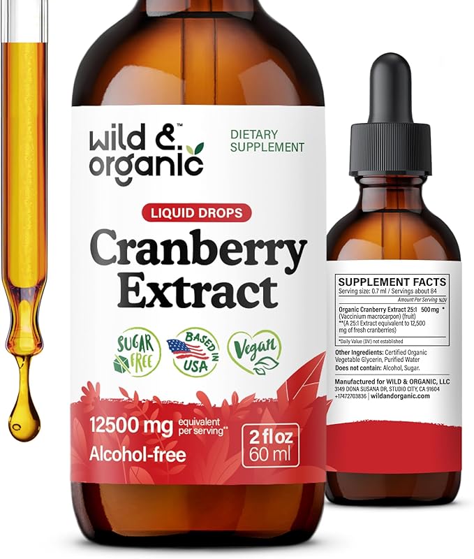 Wild &amp Organic Cranberry Supplement Drops 12500 mg - Urinary Tract Support for Women &amp Men - Pure Cranberry Extract Liquid Supplement - Vegan Sugar &amp Alcohol-Free Tincture - 2 fl oz