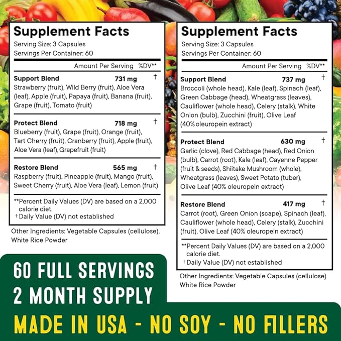 Superfood Fruit and Veggie Supplement - 360 Whole Super Fruit and Vegetable Supplements &amp Vitamin with Beta-Carotene Soy Free- 180 Count (Pack of 2)
