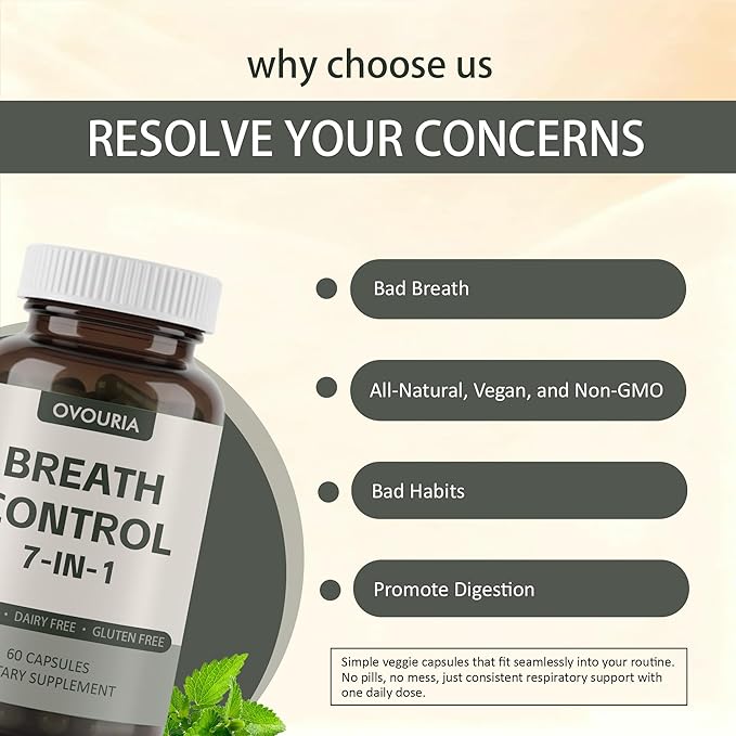 ovouria Breath &amp Gut Balance Capsules - 7-in-1 Formula with Probiotics Zinc Gluconate &amp Magnesium Citrate for Fresh Breath Chronic Halitosis Relief &amp Digestive Wellness 60 Count(1pc)