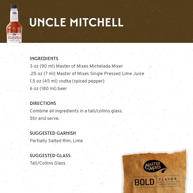 Master of Mixes Michelada Drink Mix Ready To Use 1 Liter Bottle (33.8 Fl Oz) Pack of 6