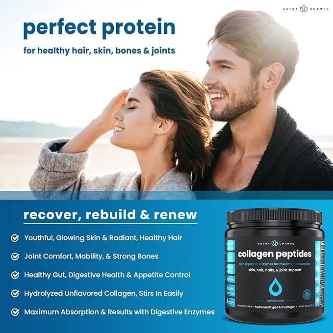 Collagen Peptides Powder - Enhanced Absorption Double Hydrolyzed Grass Fed Keto Protein Powder with Vitamin C - Premium Supplement for Hair Growth Skin Nails Joints &amp Bones Unflavored