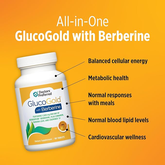 DOCTORS' PREFERRED GlucoGold with Berberine Concentrated Cinnamon Chromium Banaba Leaf Extract (90 Tablets)