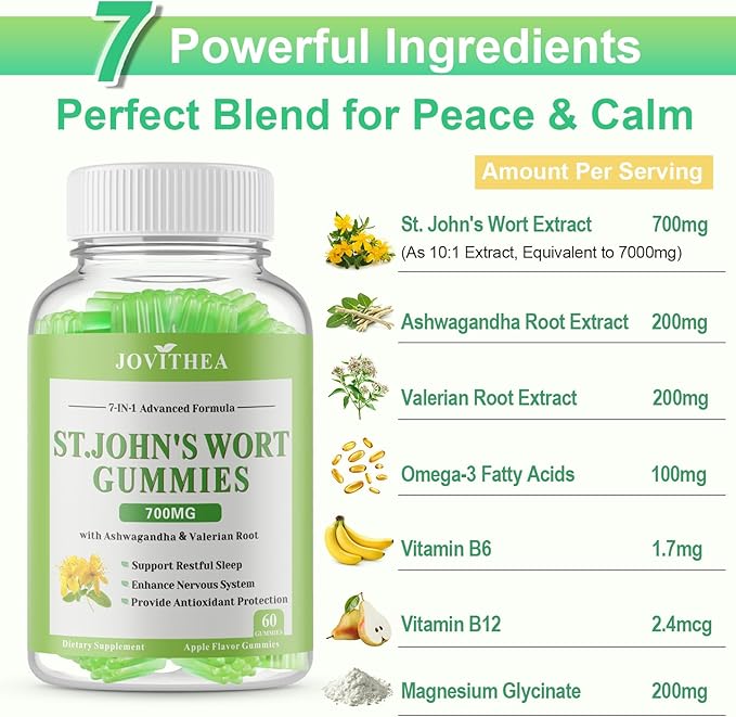 2 Pack St John's Wort Gummies 700mg Natural Herbal Supplement for Adults &amp Kids Support Calm Relaxation &amp Brain Health Vegan Non-GMO Gluten Free Apple Flavor 120 Count