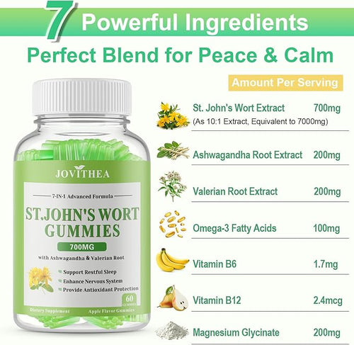 2 Pack St John's Wort Gummies 700mg Natural Herbal Supplement for Adults &amp Kids Support Calm Relaxation &amp Brain Health Vegan Non-GMO Gluten Free Apple Flavor 120 Count