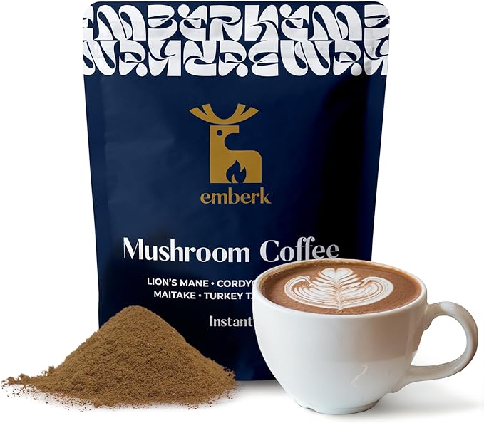 Emberk Organic Mushroom Coffee with Lions Mane - Instant Coffee with 6 Adaptogenic Mushrooms 5000mg per Cup for Focus Energy and Immune Support - Low Caffeine Vegan 35 Servings