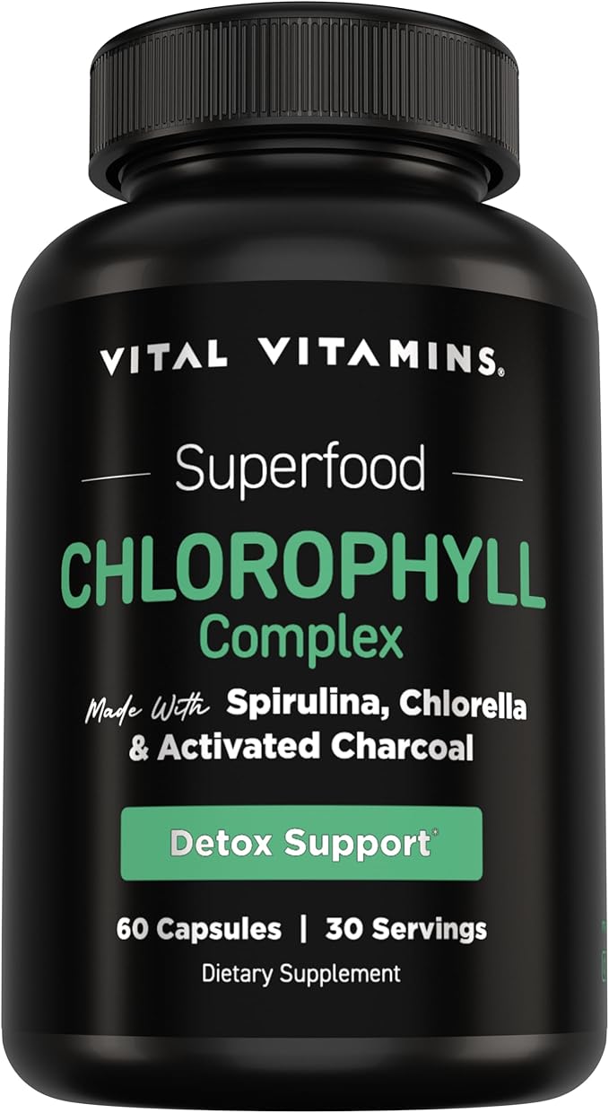 Vital Vitamins Chlorophyll Pills - Body Deodorizing Supplement - Made with Spirulina Chlorella Organic Parsley Mint &amp Activated Charcoal - Defeat Odor Naturally - for Women &amp Men - 60 Caps