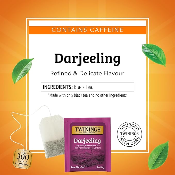 Twinings Darjeeling Black Tea Individually Wrapped Bags 20 Count (Pack of 6) Delicate Light Taste Caffeinated Enjoy Hot or Iced 120 Teabags