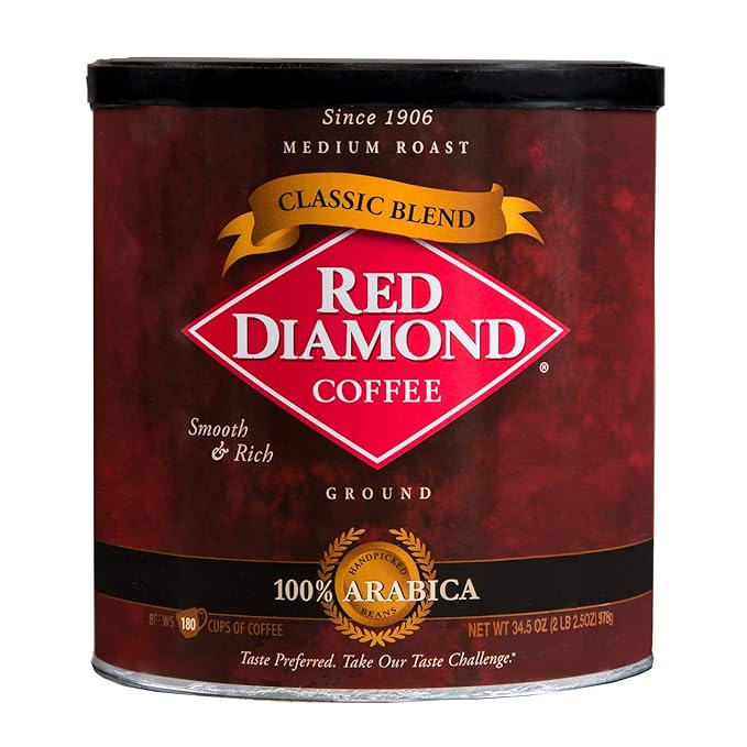 Red Diamond Ground Coffee | Classic Blend | Medium Roast | Arabica Beans | Smooth &amp Rich Flavor | 34.5 Ounce Resealable Can