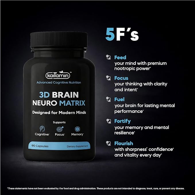 Brain Neuro Matrix – Memory &amp Focus Nootropic with Ginkgo Biloba &amp Huperzine A – Caffeine-Free Vegan Brain Supplement for Clarity Focus &amp Mood – 90 Capsules (3-Month Supply)
