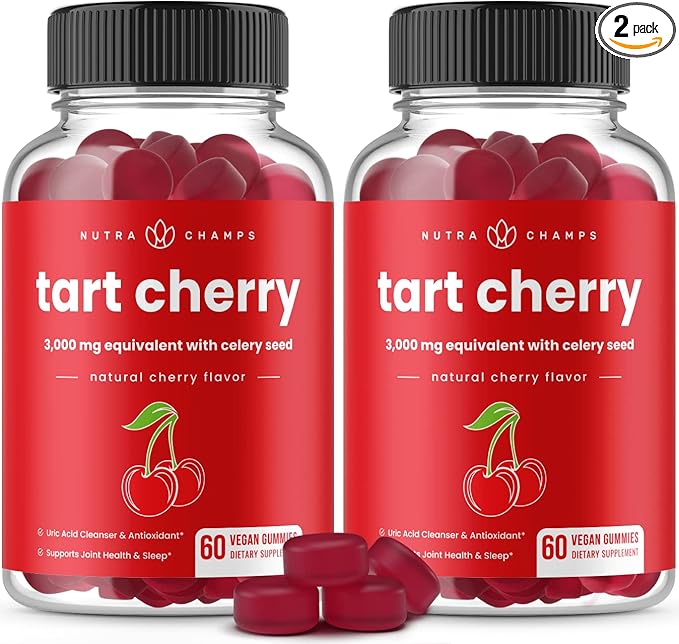 NutraChamps Tart Cherry Gummies - 3000mg Tart Cherry Extract with Celery Seed - Uric Acid Cleanse Supplement - Antioxidant Joint Comfort Flexibility Immune Health Sleep - 60 Vegan Gummies (2-Pack)
