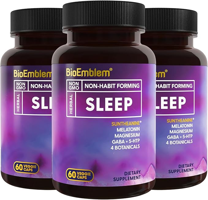 BioEmblem Natural Sleep Aid for Adults with Melatonin Valerian Root Suntheanine &amp More | Healthy Sleep Supplement | Herbal Sleeping Pills | 60 Capsules 3 Pack