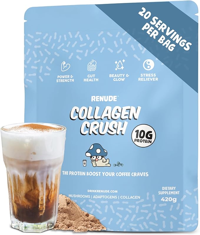 Renude Collagen Crush - Creamer Powder for Coffee Grass-Fed Bovine Collagen Peptides 10g Protein per Serving Support for Hair Skin Gut Health with Natural Adaptogens 20 Serving Bag