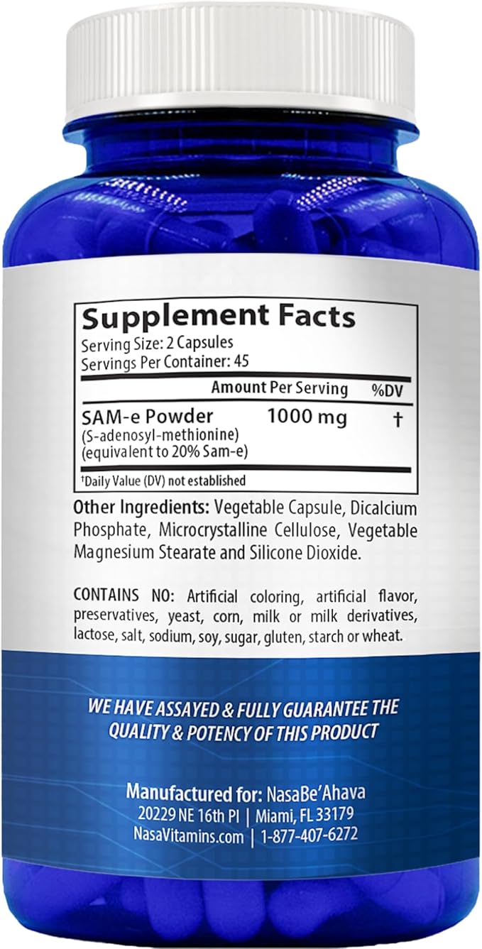 Extra Strength SAM-e Supplement | Same S-Adenosyl-L-Methionine 1000mg per Serving for Bone and Mood Support Supplement | Made in The USA Non-GMO and Gluten Free (45 Day Supply) (Single)
