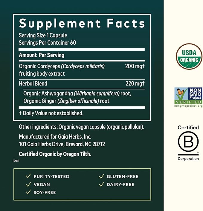 Gaia Herbs Adaptogen Performance - Energy Support Supplement with Ingredients Traditionally Used to Help Sustain Endurance &amp Stamina* - with Cordyceps &amp Ashwagandha - 60 Vegan Capsules (60 Ser