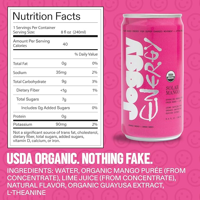 Joggy Energy Drink | Solar Mango 12pk (8.4oz) | USDA Organic No Added Sugar Plant-Based Energy with Juice &amp Natural Caffeine + L-Theanine | Pre-Workout Focus Drink | No Jitters Vegan Gluten-Fr