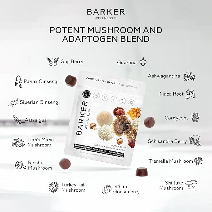 Barker Wellness Daytime Sugar-Free Adaptogen Mushroom Gummies - Lion's Mane Cordyceps Reishi &amp Shiitake | Vegan Immune System Support Natural Energy Enhanced Focus &amp Mood for Adults | 60