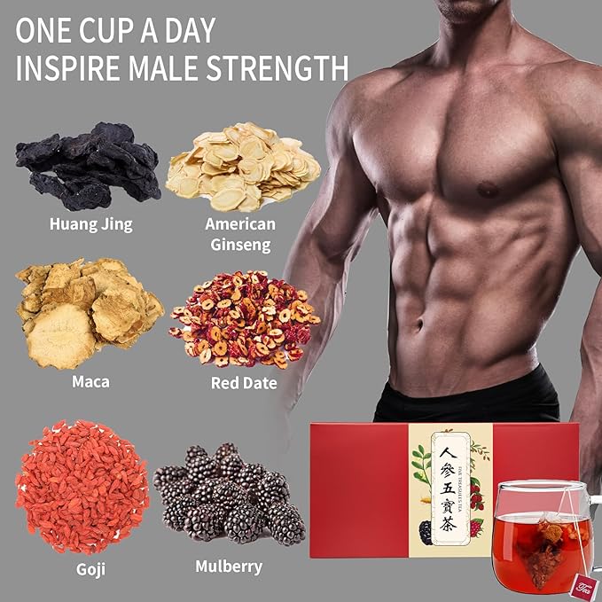 DOZO Ginseng Five Treasures Tea Kidney Tea For Men Husband Wubao Tea Bags Men's Energy Health Ginseng Maca Polygonatum Raspberry Mulberry Goji Berry Jujube 人参五宝茶 五宝茶 男人茶 补肾茶 7.05oz/20 Bags