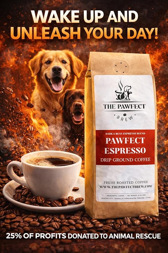 Dog Lovers Coffee – Pawfect Espresso Blend by The Pawfect Brew | Dark Roast Ground Coffee 12 oz | Roasted to Order | 25% Profits Donated to Animal Rescue