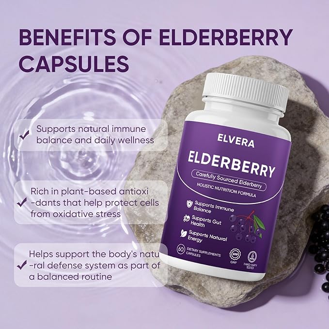 Elvera Elderberry Elvera Gut Support Complex with Zinc &amp Vitamin C Organic Black Elderberry Soft Capsules for Immune Support Boost Energy Digestive and Gut Healthy 60 Capsules (1)