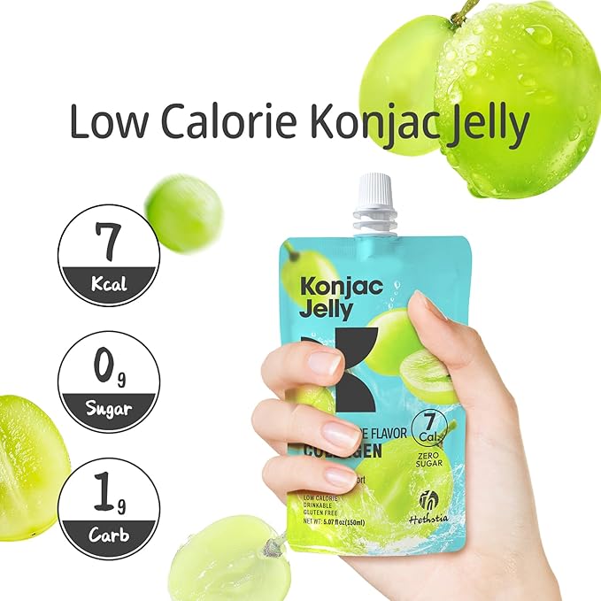 Hethstia Konjac Jelly Green Grape Flavor 10 Pouches Drinkable Grape Jelly with Collagen Peptides 7 Kcal Sugar Free Gluten Free Keto Vegan On-The-Go Chewy Light Snacks