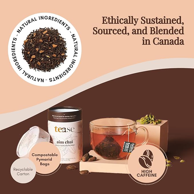 Tease Tea Loose Chai Tea - Aim Chai Organic Tea Organic Spiced Chai Caffeinated Herbal Tea Made with Black Tea Ginger Cocoa Beans and Nutmeg for an Energizing and Immunity Boosting Support
